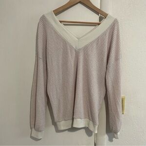Adreamly Waffle Knit V Neck Sweater Blush Pink/Cream Trim Cozy Neutral Medium
